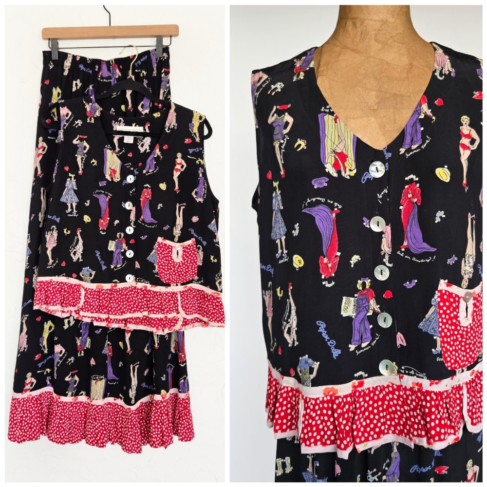 Vintage Patterned Paper Dolls Black Red Polka Dot Skirt Set, S